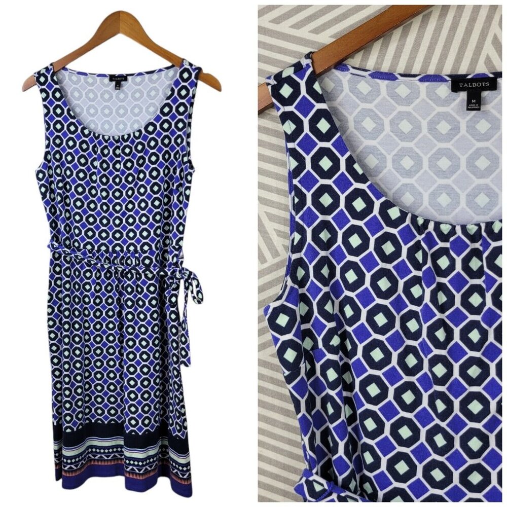Talbots T-Shirt Dress Size Medium Navy White Geometric casual Party Tie Waist